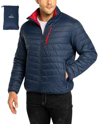 33,000ft Herren Steppjacke Packbare Übergangsjacke in Daunenjacken-Optik für Männer Gefütterte Pufferjacke Wasserabweisende Outdoorjacke mit Taschen für Herbst Frühlings Winter, Dunkelblau+Rot L