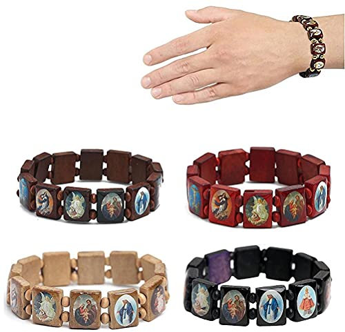 4 Pcs Wooden Rosary Jesus Bracelet Elastic Stretch Bangle with Pictures of Religious Saints Catholic Holy Gods Goddess Prayer Manifestation Bracelet