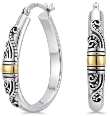 LeCalla 925 Sterling Silber Bali-Stil Hoop Ohrringe Leichtgewicht Click-Top Antik Zwei-Ton Perlen Italienischen Bali-Stil Ohrring Hoops für Frauen