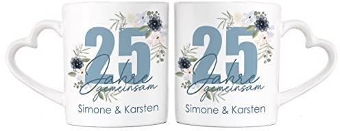 Herz & Heim® Silberhochzeit Paartassen mit Namen Blumig