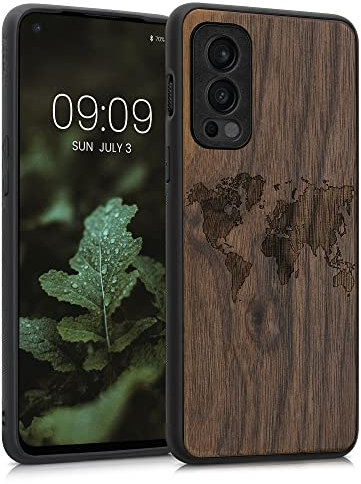 kwmobile Hülle kompatibel mit OnePlus Nord 2 5G Hülle - Holz Case - Handy Cover - TPU Handyhülle in Dunkelbraun Travel Umriss