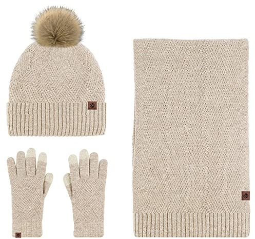 Anopo Schal Mütze Handschuh Set Damen Touchscreen Handschuhe Lange Warm Schal Beanie Strickmütze mit Bommel Winter Warm Dickes Satz Braun