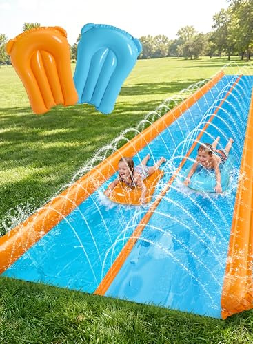 Sloosh Toboggan d'eau double de 762 × 183 cm, toboggan d'eau pour la pelouse avec arroseur et 2 tapis de glisse gonflables, pour adultes et enfants, idéal pour les fêtes d'été, activités de jardin et