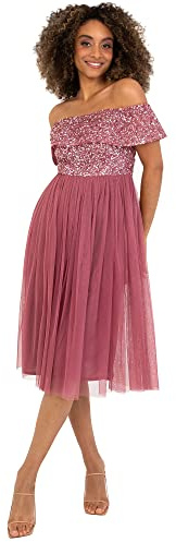 Maya Deluxe Women's Ladies Bardot Dresses Midi High Empire Waist Sequins Embellished Formal Evening for Wedding Guest Bridesmaid, Desert Rose, 22 (AZBR67MIDI-PC)