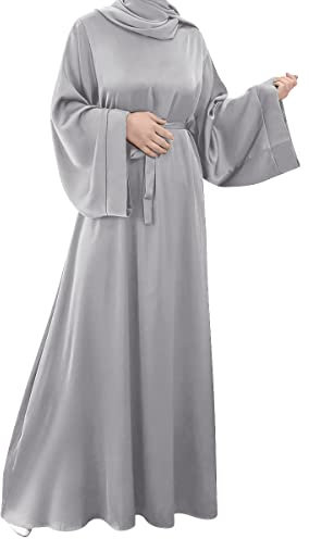 OBEEII Womens Muslim Dress Prayer Clothes Islamic Dubai Turkish Robes Full Length Dress with Hijab Grey L