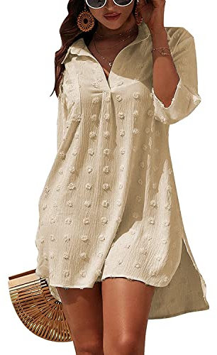 Rayson Vestido de Playa Mujer Camisa Beach Cuello en V Bikini Camisolas Cover up de Verano Color Sólido Blusa de Biquini Jacquard(Beige)