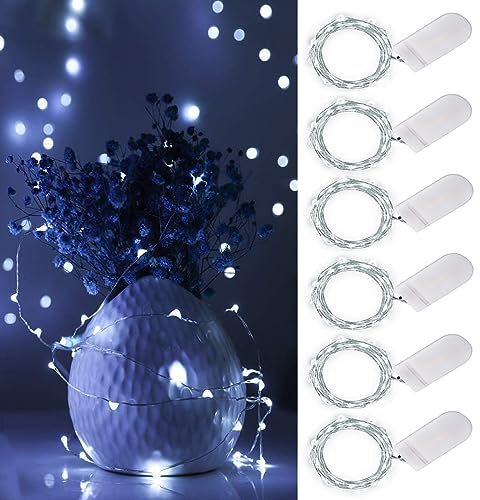 ooklee® Fairy String Lights Battery Operated, 6 Pack 2m 20 LED Copper Wire Starry Bottle Light, Twinkle Craft Sets Lighting for Table Party Wedding Indoor Jar Christmas Garden Decoration(Cool White)
