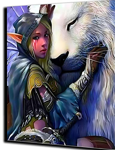 PAMMUQ Peinture par Numéro Adulte fille elfe et lion 40x50cm Bricolage Tableau Peindre par Nombre pour Enfants peindre cadeaux peints à la mainHome Decor,sans cadre
