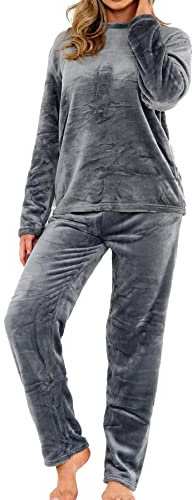 A2Z Womens Pyjamas Soft Warm Fleece Twosie Adults Crew Neck Long Sleeve - PJS 216 Charcoal Ladies 20-22