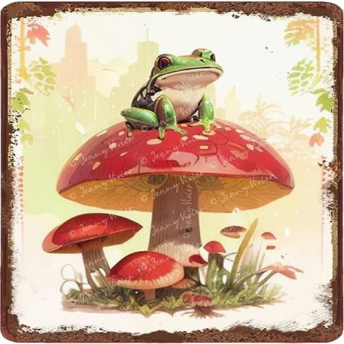 Cute Frog Poster Vintage Metal Sign Frog Lovers Gifts Vintage Halloween Tin Sign Funny Frog Mushroom Wall Decor 12x12 Inches