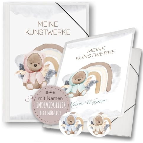 Zeichenmappe A4 oder A3 Schule Kindergarten Mappe personalisiert Namen Kuma Teddy Regenbogen Rosa Beige Grün Blau - Kunstwerke Erinnerungsmappe Sammelmappe Junge Mädchen
