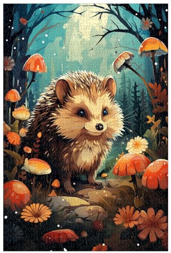 1000-teiliges Holzpuzzle für Erwachsene, süßer Igel in einem Garten voller Blumen (D ; 1000)