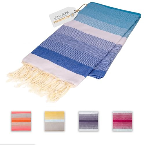 Sandrella | Hamamtuch | Recycelte Baumwolle | Sauna-, Strand-, Dusch-, Bade- & Yogatuch | 90x170cm | Verlauf – Dunkelblau/Weiß/Hellblau