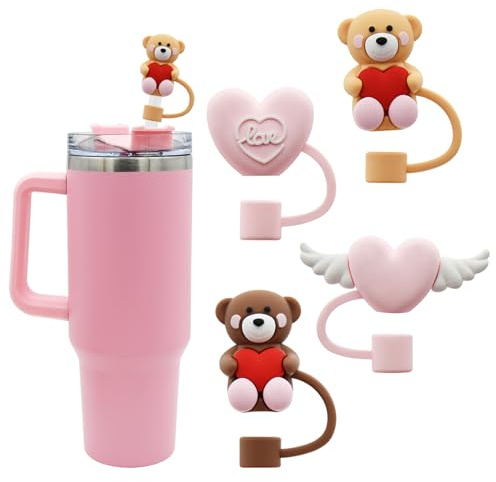 Meitesti Straw Cover Cap for Stanley Cup, Heart-shaped Straw Topper Compatible with 30&40 Oz Tumbler with Handle,10mm 0.4in Straw Tips Lids Lover Couple Fun Gifts (4pcs Bear pink Straw Cap)