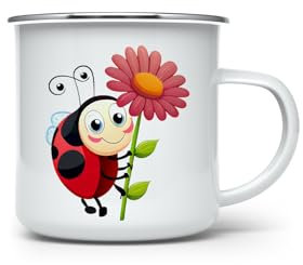 MAXIKIWI Langlebige Emaille-Kaffee- oder Tee-Camping-Tasse für drinnen und draußen, niedliches Marienkäfer-Cartoon-Aquarell, 350 ml