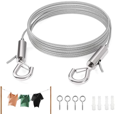 Drahtseil Rankhilfe Set, Einstellbar Stahlseil Seilaufhängung, Edelstahl Seilspanner, 5 Reis Edelstahl Draht Seil, mit Haken, Für Zeltseil, Wäscheleine, Gardinenseil und Duschvorhangseil, Silber