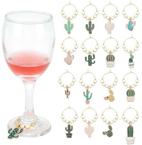 FREEBLOSS 16pcs Cactus Wine Glass Charms - Identifiers for Stem Glasses & Coffee Mugs - Metal, Safe & Rust-Free - Perfect for Parties & Events