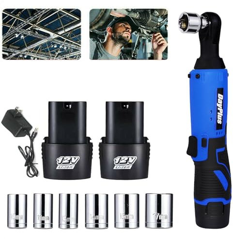 DayPlus Chiave a cricchetto a batteria 3/8, set di chiavi a cricchetto a batteria, 2300 giri/min, con 2 batterie agli ioni di litio da 12 V, 1,5 Ah, caricatore rapido, 7 prese per spazi ristretti,