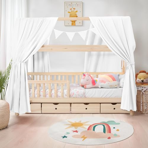 iLuane Hausbett Himmel aus 100 % Baumwolle Musselin – Stoffhimmel Kinderbett Deko mit Schleifen – Betthimmel für Mädchen & Jungen – Vorhang für Hausbett – in 6 Farben & 4 Größen