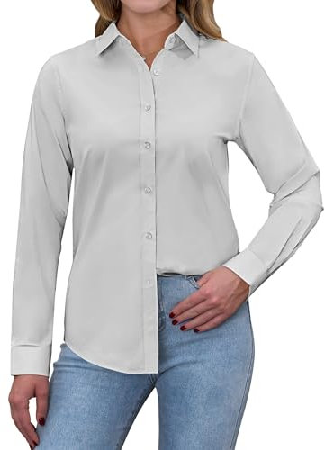 siliteelon Women's Shirts Long Sleeve Stretch Shirts for Women Regular Fit Dress Button Down Shirt Women Executive Office Business Casual Cotton Ladies Shirt Light Grey