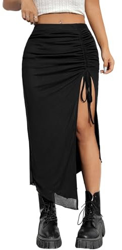 GORGLITTER Damen Figurbetonter Midirock Mesh Sommerrock Knielang Röcke Enger Rock mit Schlitz und Kordelzug Schwarz S