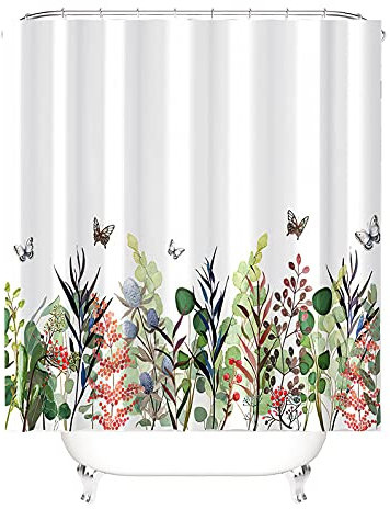 M&W DAS DESIGN Tenda da doccia colorata da giardino con piante verdi Flora, fiori e farfalle, resistente alla muffa, resistente al colore, include 12 anelli a C con peso inferiore