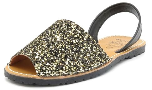 Avarca Damen Sandalen Glitzer Pailletten Leder Riemchen Schuhe Barca Menorquina Menorca Sommerschuhe schwarz gold EU 40