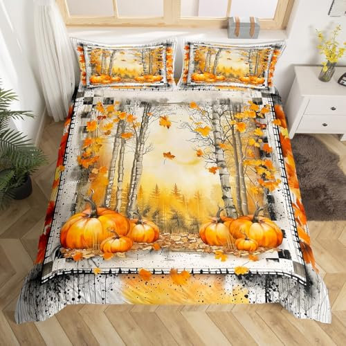 Homewish Herbst Dekor Bettwäsche 135x200 Ernte Kürbis Tröster Abdeckung,Ölgemälde Ästhetische Bett Set Fall Dschungel Baum Bettbezug,Ahorn Blätter Druck Bettbezug (Reißverschluss Verschluss)