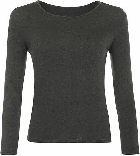 FASHION MY LOVE Women Ladies Long Sleeve Round Neck Plain Top Stretchy Casual Summer T-Shirts Basic Slim fit Tee Tops UK Plus Size 8-26 Charcoal
