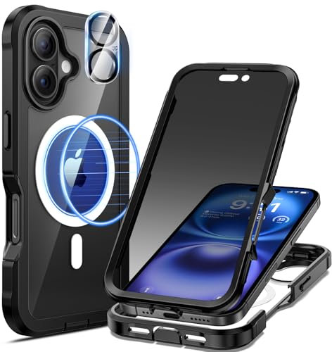 seacosmo Magnetic for iPhone 16 Case, Privacy Phone Cover Compatible with Magsafe Built-in Anti Peep Tempered Glass Privacy Screen Protector and Camera Protective Full Body Shockproof Case - Black