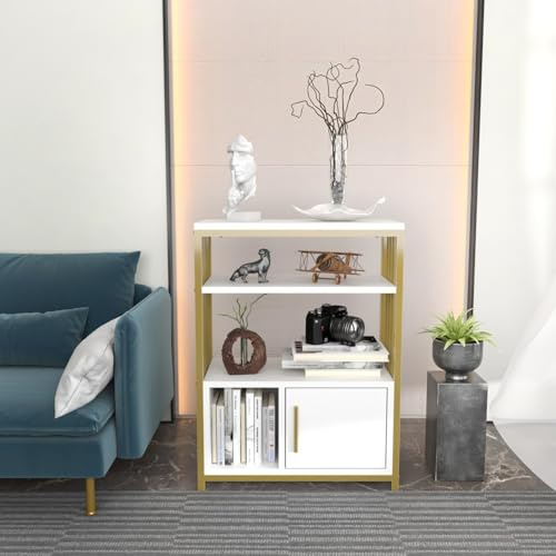 Hanah Home Elegant White & Gold Bookshelf, 60 cm x 80 cm x 29.6 cm | 100% Melamine Coated Particle Board, 18 mm Thick | Stylish Storage for Modern Homes