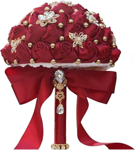 Generisch Brautsträuße, 21 cm Hochzeit Brautstrauß, Satin Künstliche Blumen, Elegante Quinceañera Sträuße, Handgefertigte Brautsträuße mit Strass und Perlen,Red