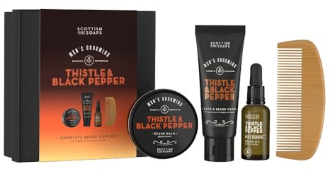 Scottish Fine Soaps Bartpflegeset für Herren, Distel & schwarzer Pfeffer - Geschenkset für Ihn, Bartbalsam, Bartöl, Gesichtswäsche und Kamm im Set