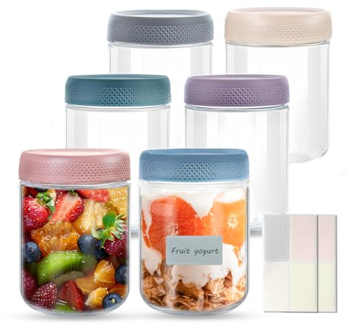 6 Pack 16 oz Overnight Oats Jar, Glass Jars with Lids Mason Jar for Overnight Oats Yoghurt Pots, Portable Breakfast Container Reusable with Screw Lid for Salad Fruit Pudding Chutney Jam Spice