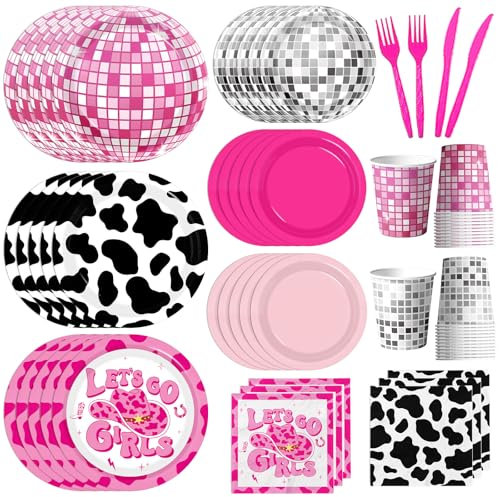 Cowgirl Birthday Party Decorations, 144Pcs Disco Cowgirl Party Decorations Tableware Includes Pink Cowgirl Plates and Napkins Disco Cups for Western Cowgirl Disco Bachelorette Party Decorations