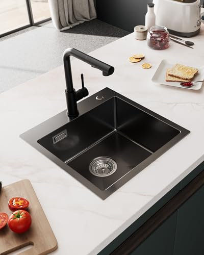 Sofetiy Fregadero Cocina 1 Seno 45x45cm, Fregadero Cocina Negro en Acero Inoxidable, Fregaderos de Un Seno con Sifón y Juego Desagüe, Negro Antracita