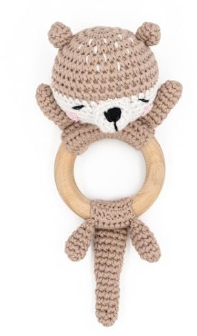 Greifling personalisiert mit Namen - Holz Beißring Baby gehäkelte Tiere - Babyrassel - Babygeschenke zur Geburt für Mädchen/Jungen - Baby Erstausstattung Neugeborene (Otter)