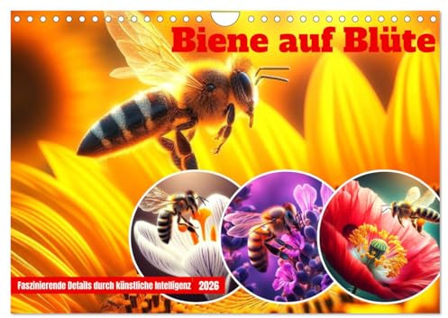 Biene auf Blüte - Faszinierende Details durch künstliche Intelligenz (Wandkalender 2026 DIN A4 quer), CALVENDO Monatskalender: Makrofotografierten ... Intelligenz gestaltet. (CALVENDO Tiere)