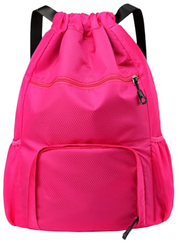 FAVORTALK Adult Drawstring Backpack Dry-Wet Separation Drawstring Bag Water Resistant String Bags Dry-Wet Separation Swimming Bags for Girls Draw String Bags Pack with Bottle Holder, Rose Red 17611