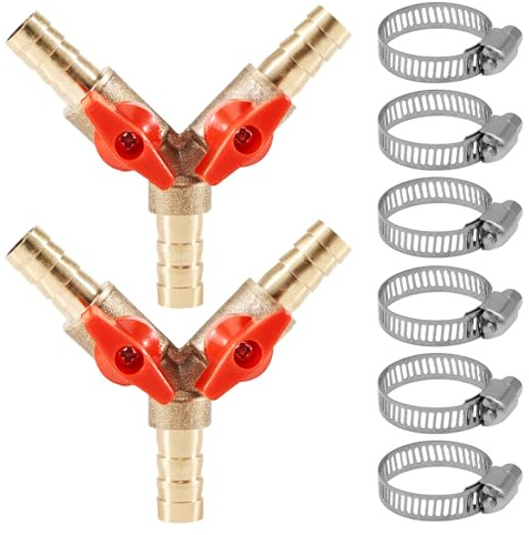 Lot de 2 raccords de tuyau 3 voies en laiton de 10 mm avec robinet à boisseau sphérique - Valve en Y pour raccords de tuyau, air, eau, gaz - Vanne d'arrêt avec 6 colliers de serrage pour jardin