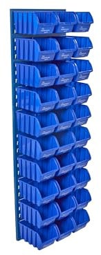 The Workplace Depot Louvre Panel with Bins – Steel Wall Storage Panel 1490(H) × 460(W) with Blue, Red or Yellow Bins for Workshops, Garages & Offices (Blue, with x30 Medium Bins)