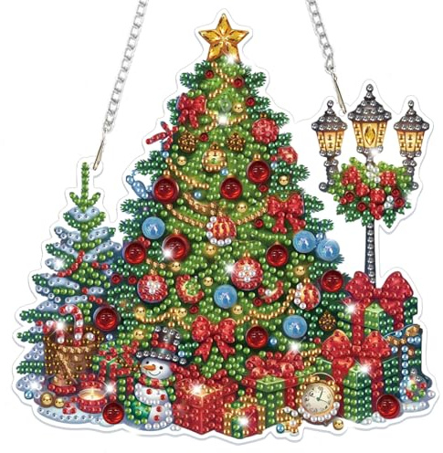 Lxmsja Weihnachten Diamond Painting Anhänger, 5D Diamond Painting Fensterbilder Weihnachtsbaum für Erwachsene, Weihnachtsgeschenke Bastelset Kreativ Set Ornament Tür Fenster Wand Decor