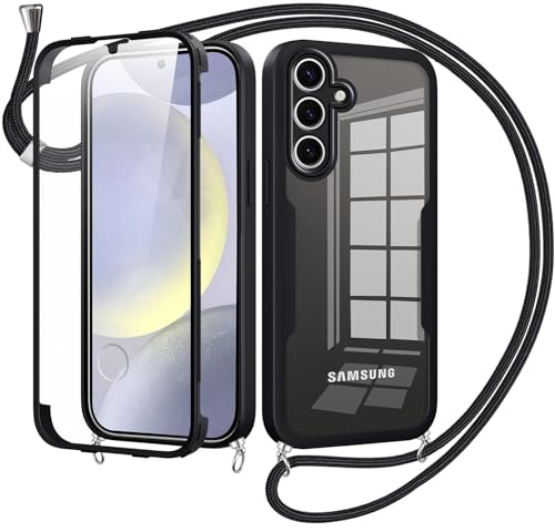 Jrkvniv Collier Coque pour Samsung Galaxy S24 5G avec Protecteur D'écran Intégrée,360 Degrés Transparent Réglable Étui Cordon Housse Antichoc Anti-Rayures Tactile Deux Couches Protection Etui-Noir