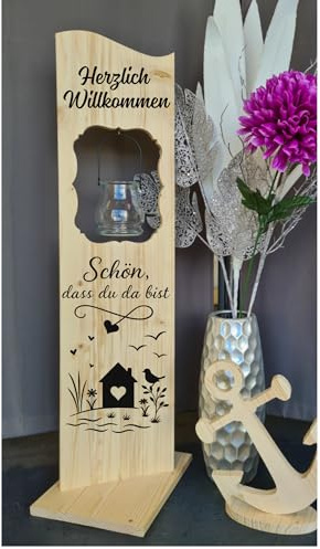 Willkommens-Aufsteller „Herzlich Willkommen – Schön, DASS du da bist“ – Holzschild mit Windlicht – Deko für Hauseingang, Flur oder Terrasse – 80×20 cm – Landhaus-Stil