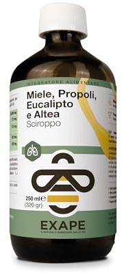 EXAPE Sciroppo Propoli con 82% di miele, Eucalipto e Altea per Mal di Gola e Tosse Gusto Balsamico - Integratore Naturale 250ml