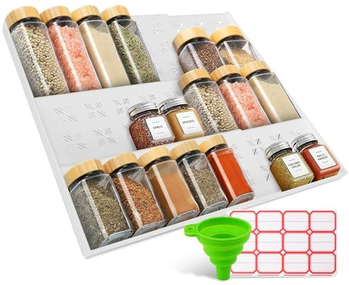 Cinimy Spice Drawer Organiser - 3 Tier Expandable Spice Rack Insert for Drawers, Kitchen, Countertops, Cabinet, Adjustable Seasoning Jars Holder with 60 Labels & Silicone Funnel, No Jars, White