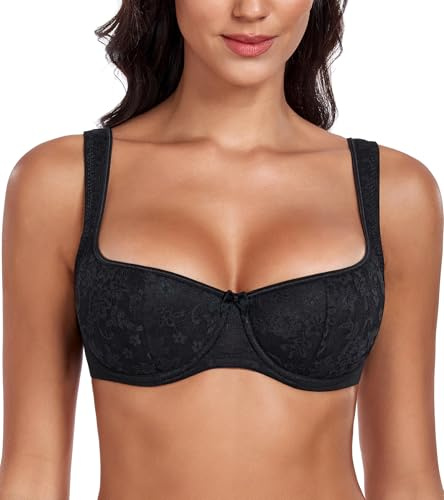 DotVol Women's Balconette Lace Push Up Underwire Everyday Bra | Floral lace half cup design, lightly padded for soft daily shaping support