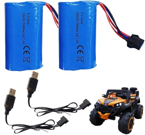 Nzkeuf 2 Stück 7.4 V Li-ion Battery, 3000mAh Rechargeable Lithium Lonen Batterien, Li-ion Akku with 4P Ladekabel, Rechargeable Battery für RC Fahrzeuge, Panzer, Roboter Auto, Stunt Car