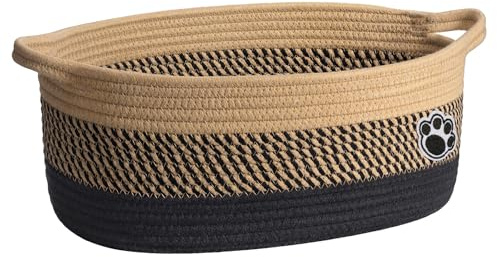 TIMEYARD Hundespielzeugkorb Geflochten mit Griffen 35x25x15cm Schwarz Braun | Geräumiger Korb für Hundespielzeug und Zubehör. Praktische Aufbewahrung mit Griffen für Zuhause