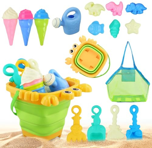 SKIKHN Sandspielzeug Set für Kinder, 16 Stück Sandspielzeug Set mit Sandschaufel, Faltbares Eimer, Sandformen, Netzbeutel Strand, für Outdoor Spielzeug, Gartenspielzeug